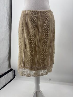 Jovani Beige Lace-Trim Midi Pencil Skirt